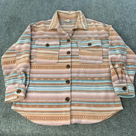 Pink Rose Fleece Shirt Women’s XL Aztec Geometric Pattern Button Up Brown Blue - Picture 1 of 9